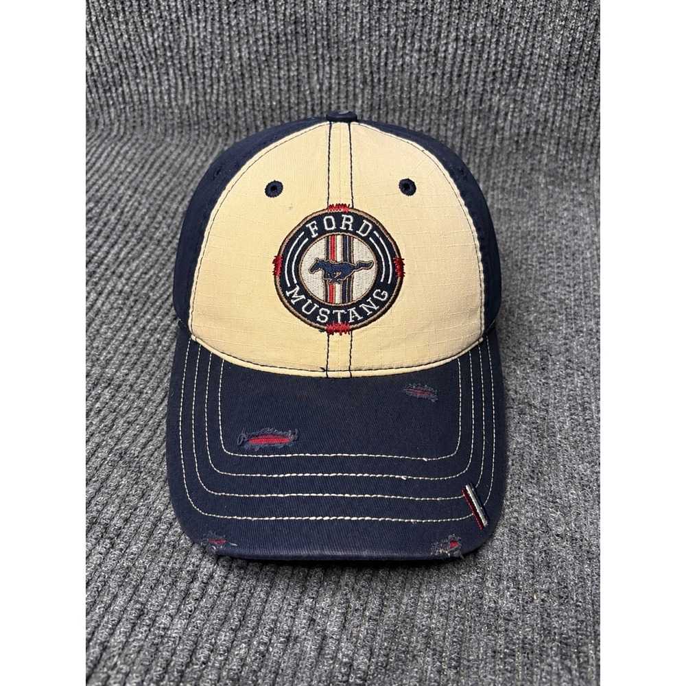 Vintage Ford Mustang Hat Navy Blue Tan Distressed Snapback Baseball Cap Cotton